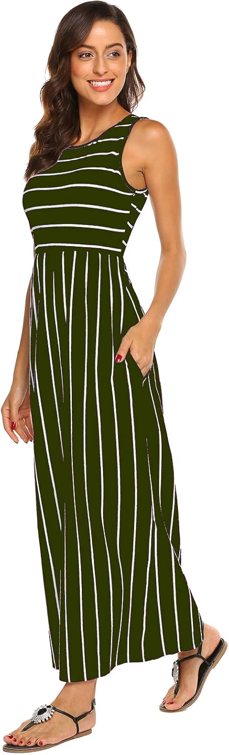 Hount Women's Summer Sleeveless Striped Flowy Maxi Dress with Pockets