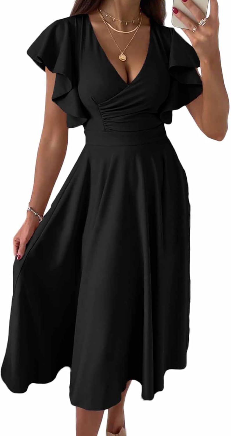 Elegant Classy Ruffle Sleeve V Neck Midi Dress for Women