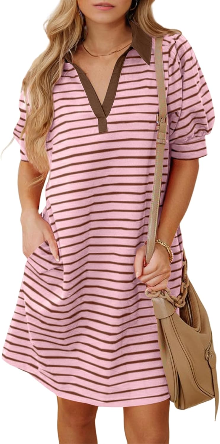 BLENCOT Women's Casual Polo V Neck Striped Midi Dress Review