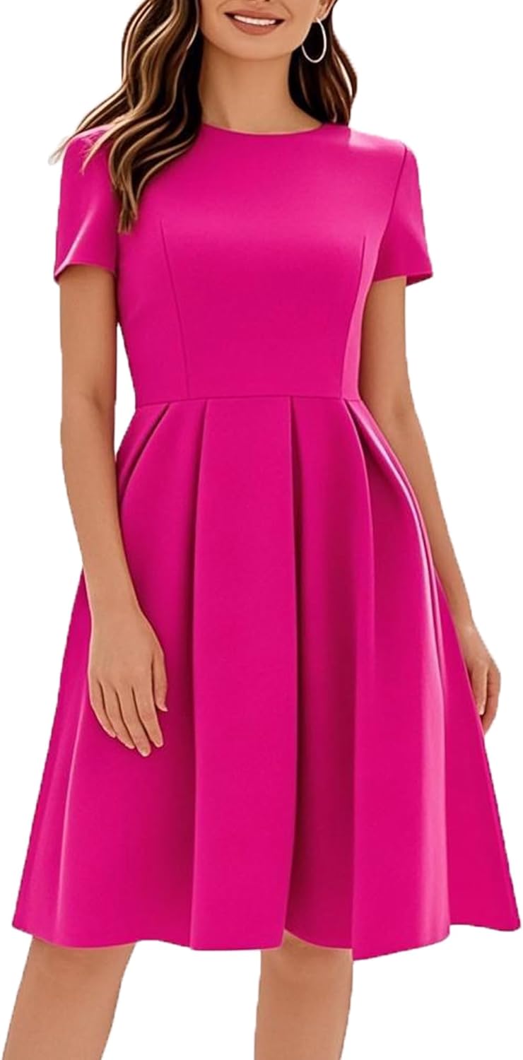 Oxiuly Women's Vintage Half Sleeve O-Neck Swing Dress with Pockets