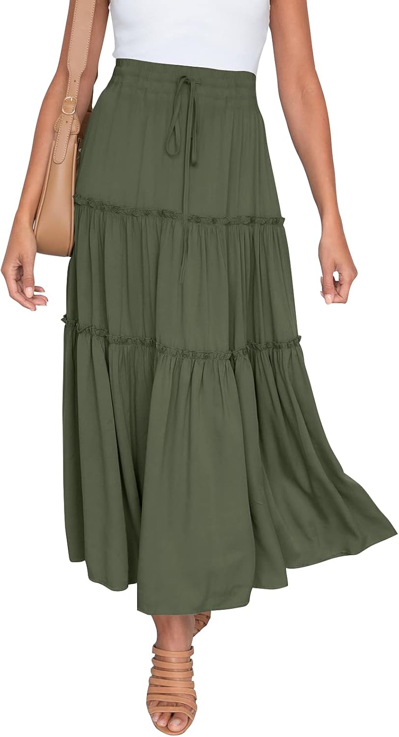 Womens Summer Flowy Boho Maxi Skirt with Pockets for Style