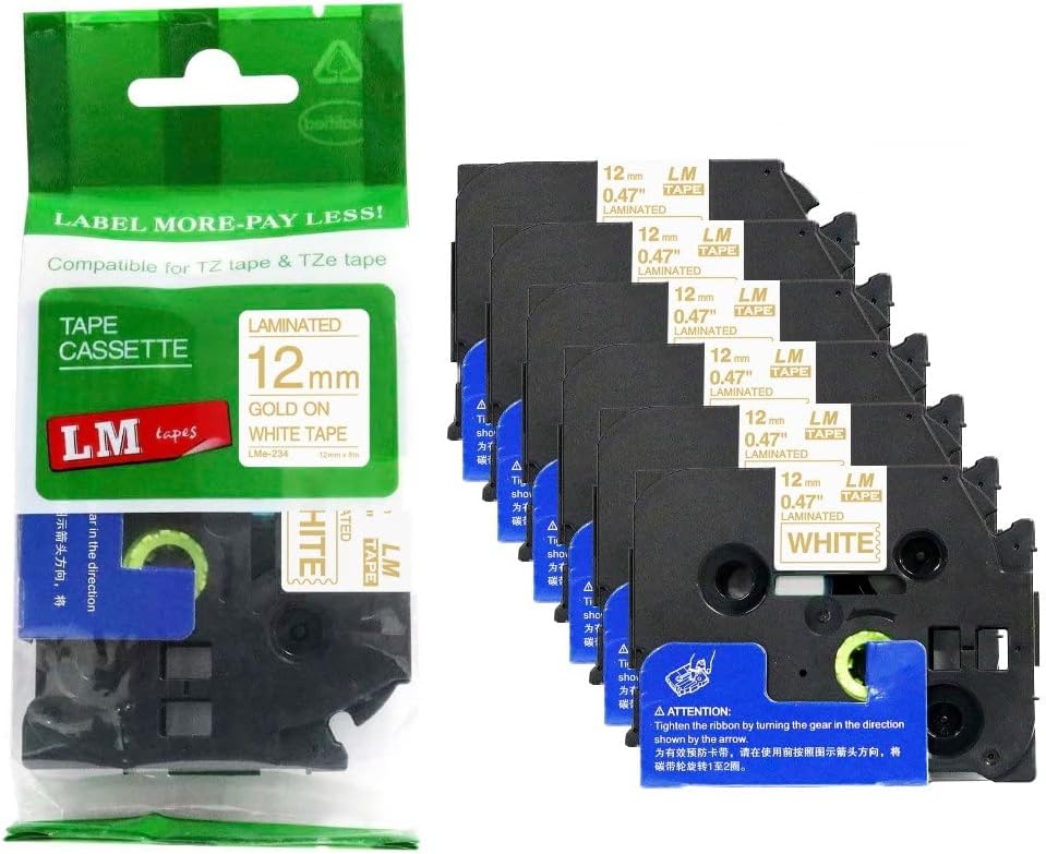 6/Pack LM Tapes Compatible TZe-234 Gold on White Label Tape