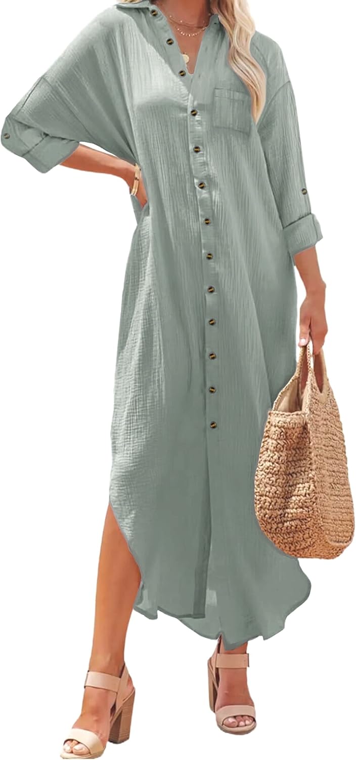 Kuraki Women's Casual Print Maxi Shirt Dress for Effortless Style