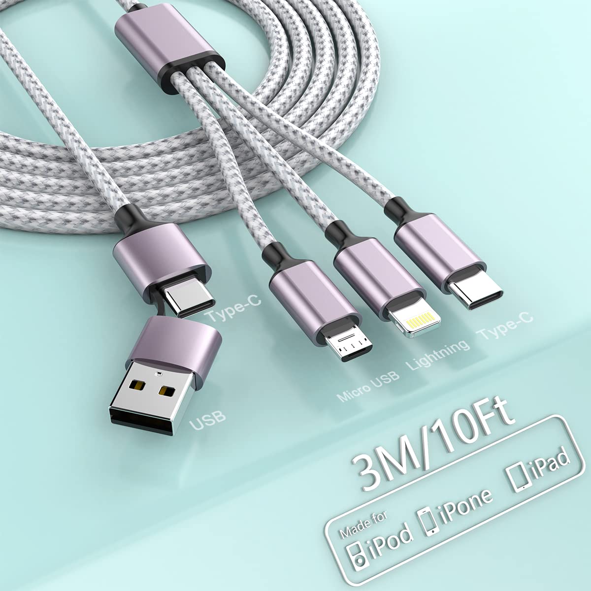 MTAKYI 3M Fast Charge Cable - 4-in-1 Multi Charging Cord