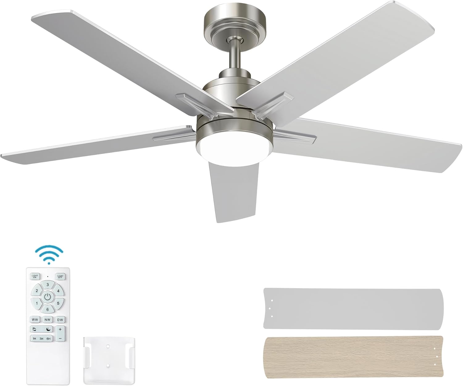 52 Inch Nickel Ceiling Fan with Light and Remote Control Features