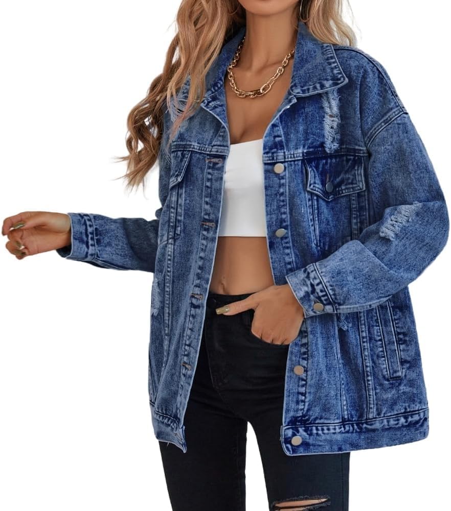 Oversized Boyfriend Denim Jacket for Women - Ripped Distressed Style
