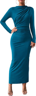 Bodycon Maxi Dress Long Sleeve Back Slit Ruched - Elegant Fit Sleeves