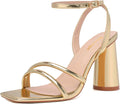 Gold Block Heeled Sandals for Women - 3.5in Strappy Square Toe