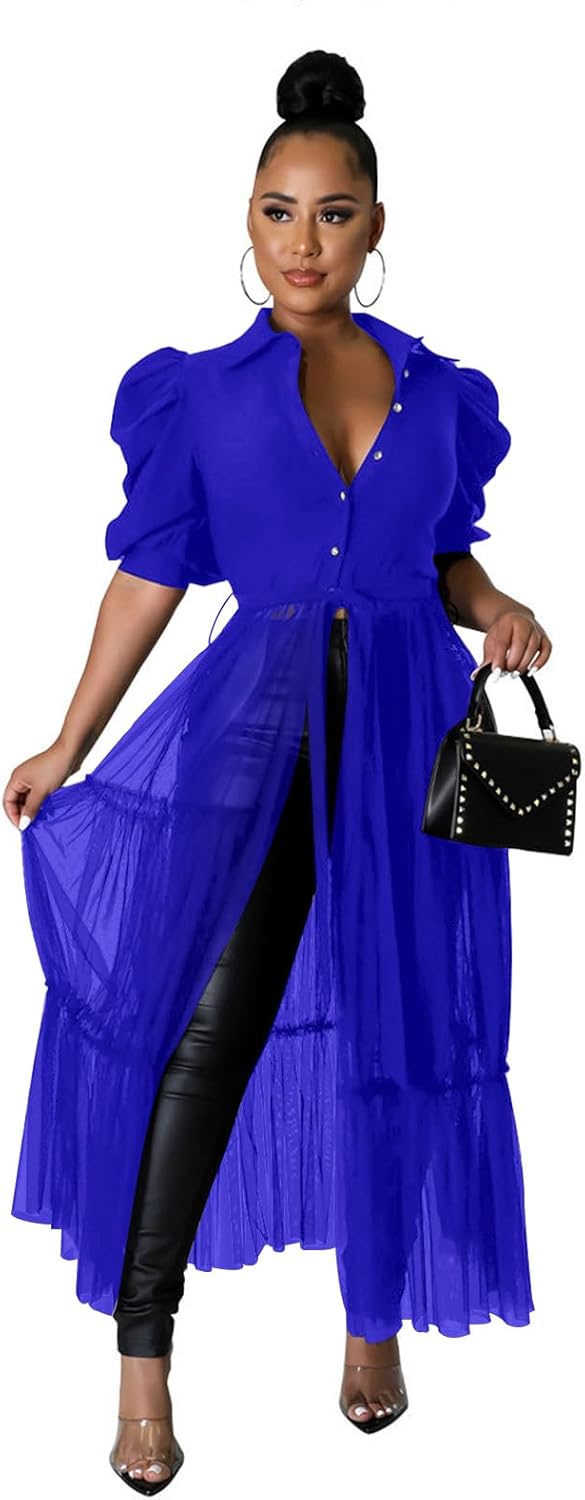 Ekaliy Women Sexy High Low Asymmetrical Ruffle Tunic Blouse