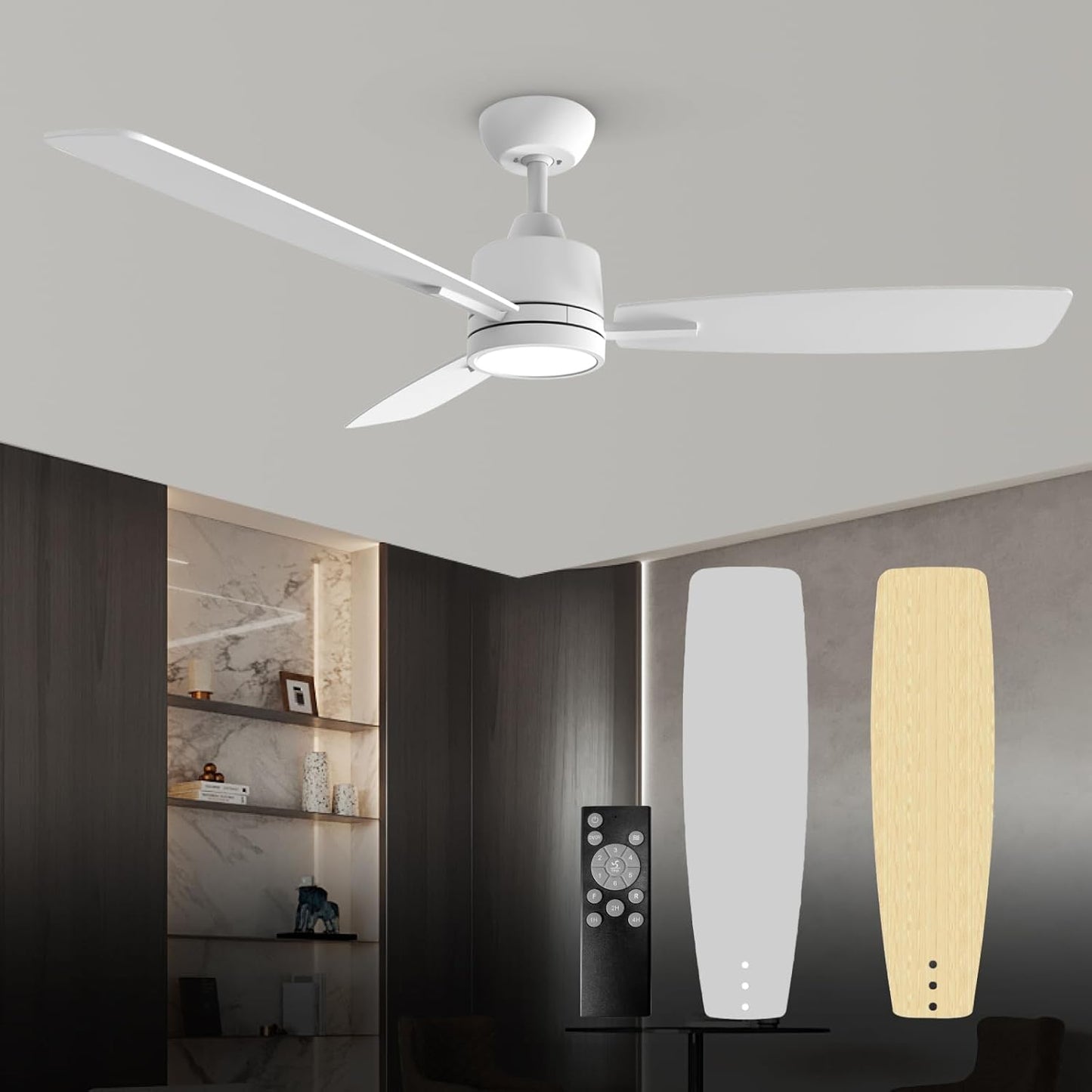 52 Inch White Ceiling Fans with Lights Led Remote Control