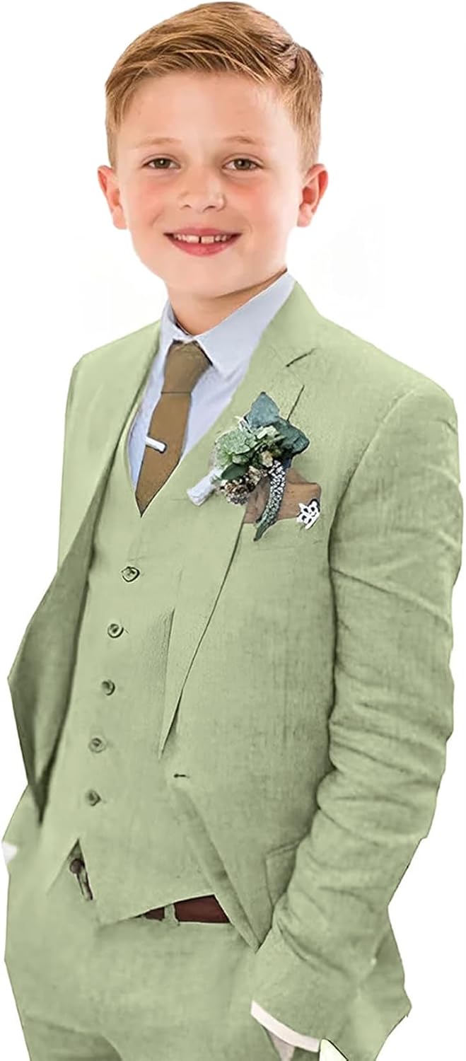 Boys Linen Suit Slim Fit 3 Piece Summer Beach Wedding Set