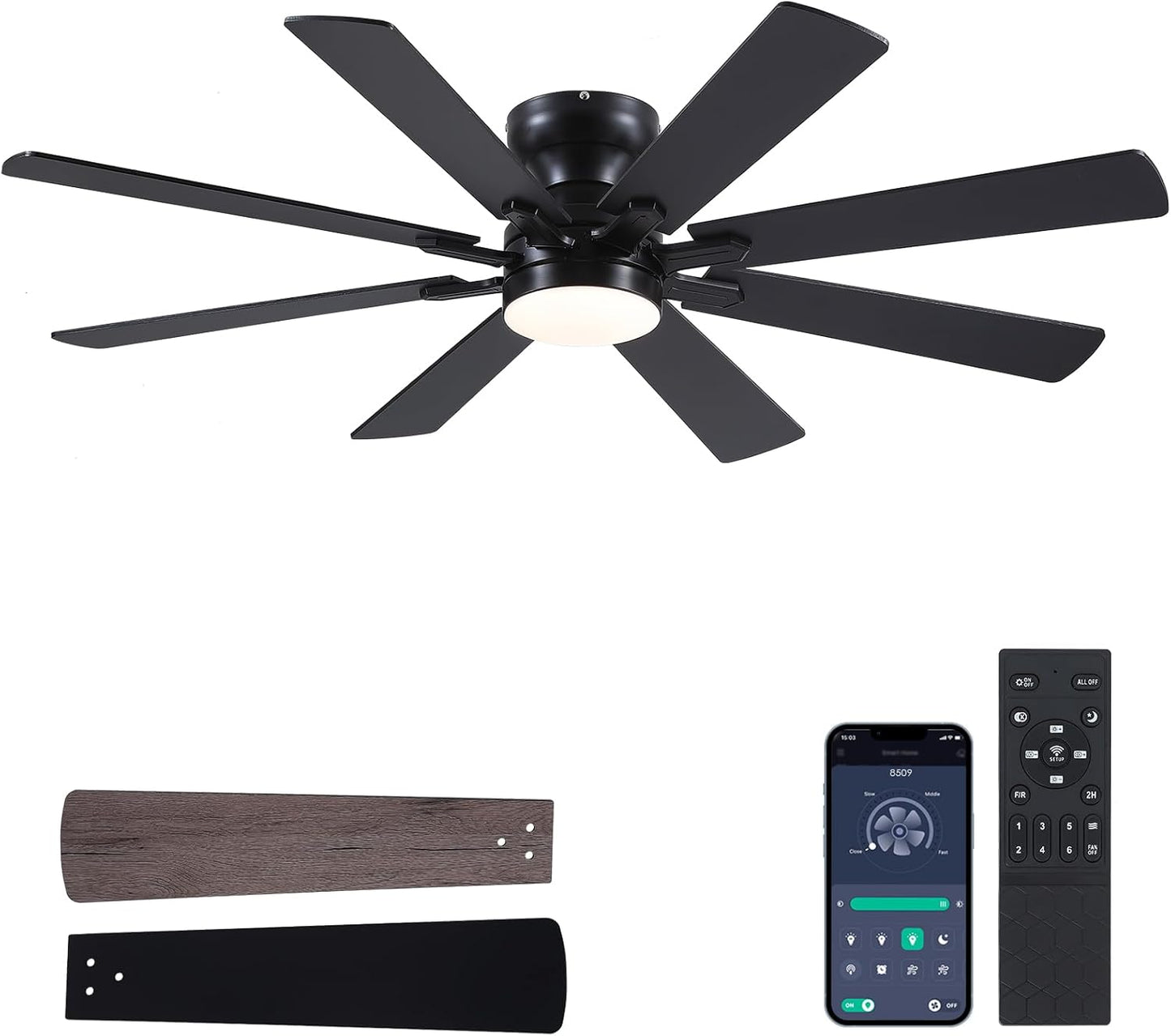 Black Ceiling Fan with Light and Remote Control for Home Use