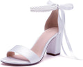 Open Toe Pearl Wedding Shoes for Bride - Satin Chunky Heels HKMFLYY