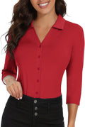 Womens Golf Polo Shirt 3/4 Sleeve V Neck Button Down - Sun Protect