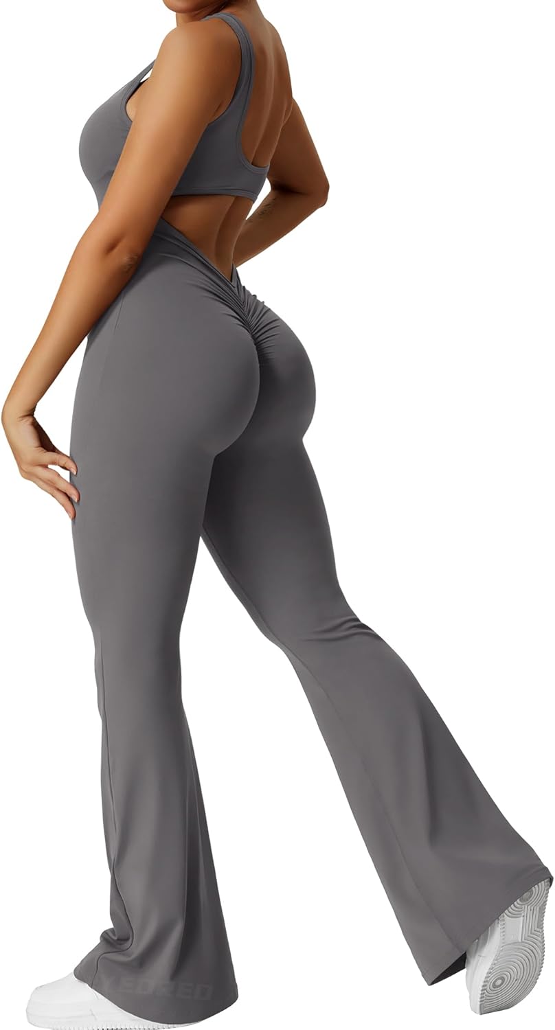 YEOREO Women Workout Scrunch Flare Jumpsuits for Gym Use