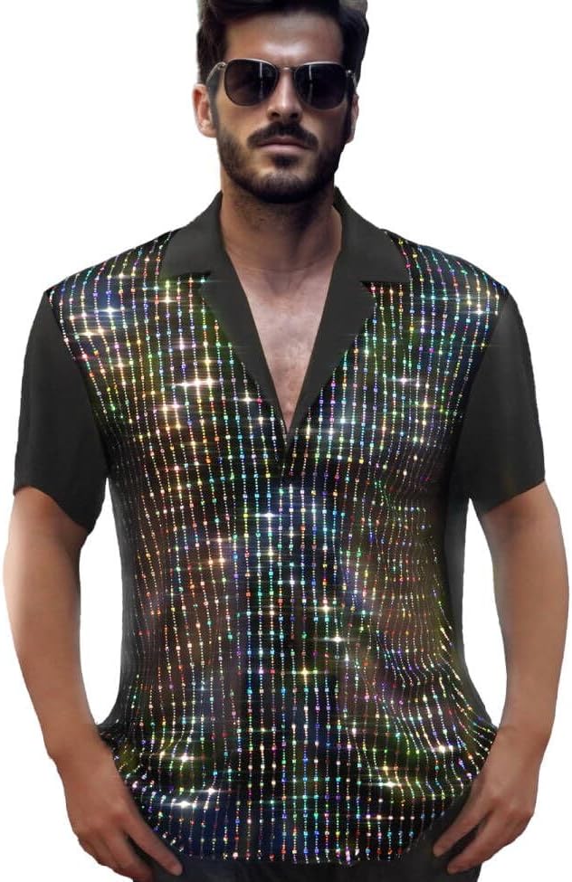 Mens Mesh Sequins See Through Long Sleeve Disco Shirt for Parties