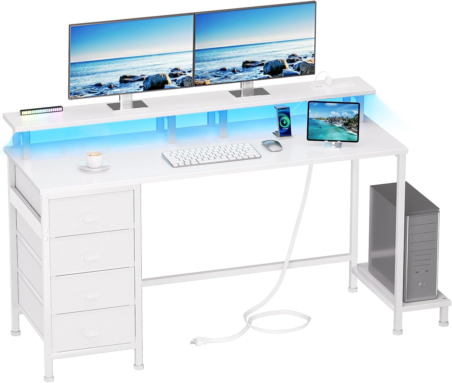 Furologee 55in White Computer Desk with LED Lights and Drawers