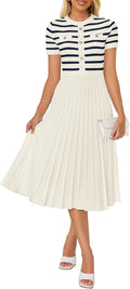 Women's Striped Midi Knit Dress with Pleated A-Line Skirt