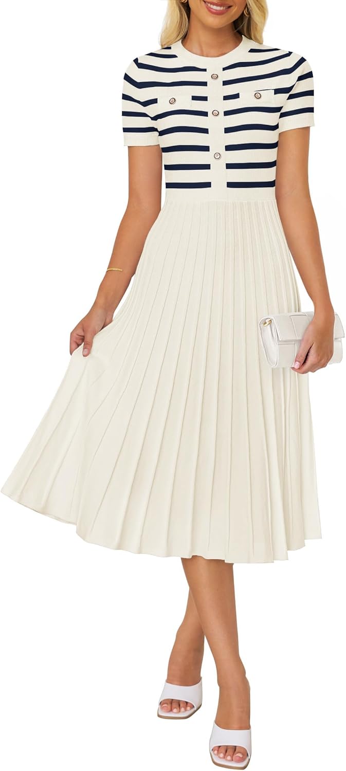 ZESICA Women's Casual Striped Midi Dress for Summer Elegance
