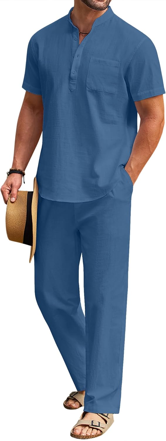 COOFANDY Men's Cotton Linen Set for Summer Beach Outfits