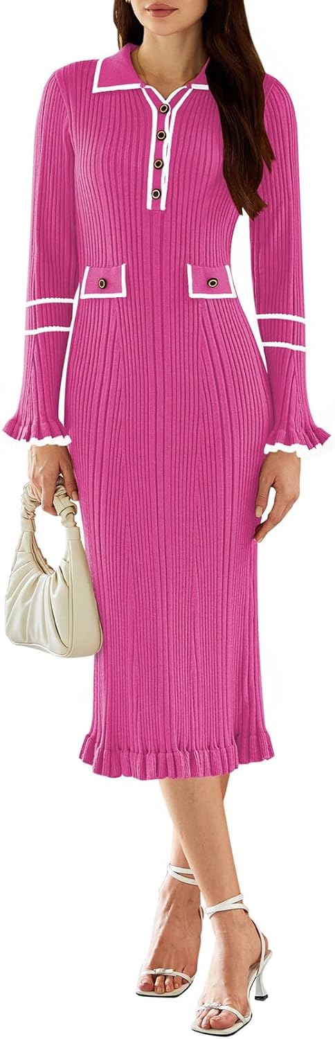 Pink Queen Women's V Neck Bodycon Sweater Dress for Fall Style