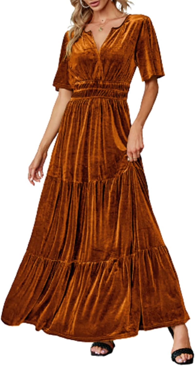 Elegant Velvet V Neck Maxi Dress for Wedding Guests and Parties