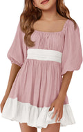 Girls Summer Dresses Square Neck Lantern Sleeve Tie (Style NDQF)