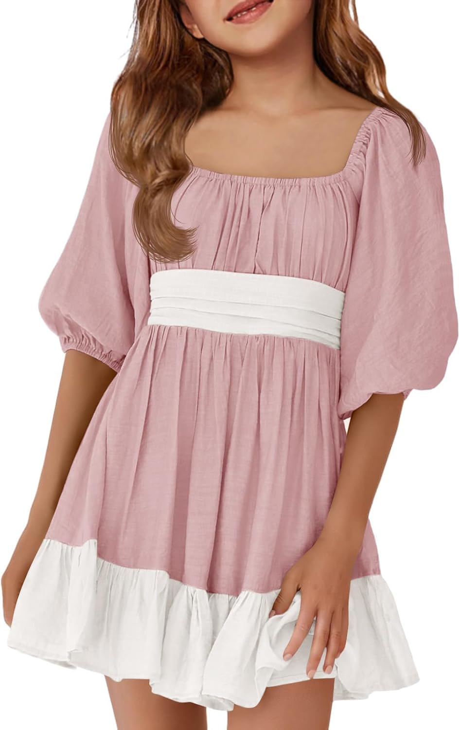Girls Summer Dresses Square Neck Lantern Sleeve Tie Backless Ruffle