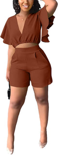 Womens Summer 2 Piece Outfit Set - Sexy V-Neck Crop Top & High Waist
