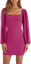 Women's Bodycon Dress with Square Neck and Long Sleeve Mesh Style