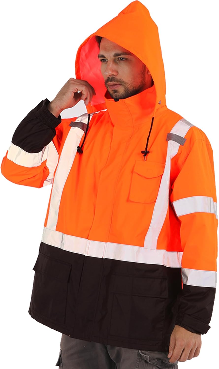 Hi Vis Rain Jacket for Men - Waterproof Rain Gear with Hood