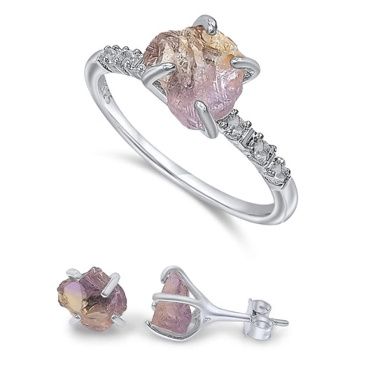 Raw Ametrine Stud Earrings and Dainty Ring Jewelry Set Gift