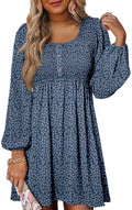 Casual Smocked Crewneck Button Up A-Line Mini Dress - Flattering Fit