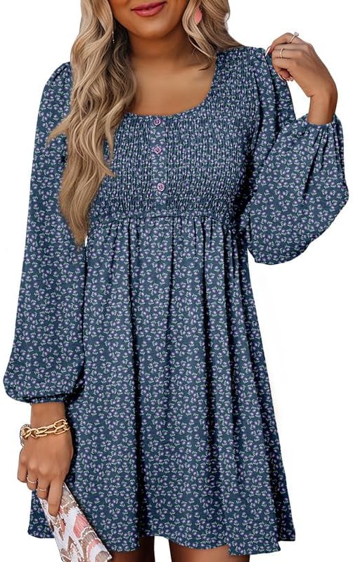 Dokotoo Womens Casual Smocked Crewneck Long Sleeve Mini Dress
