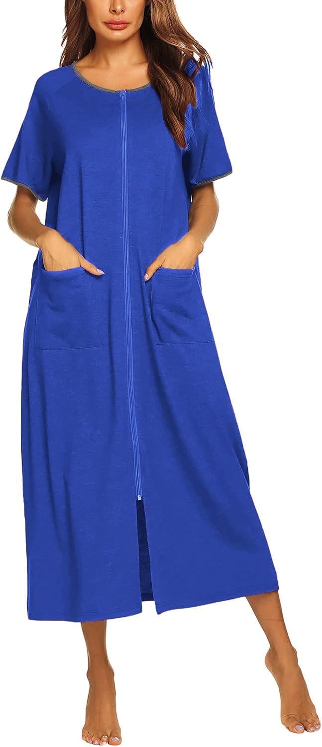 Ekouaer Women Robes Zipper Front Short Sleeve Full Length Housecoat