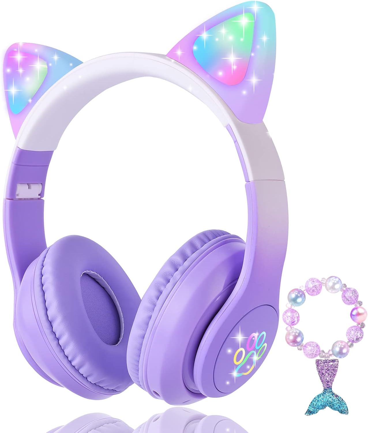 KORABA Purple Cat Ear Kids Headphones - LED Wireless Bliss