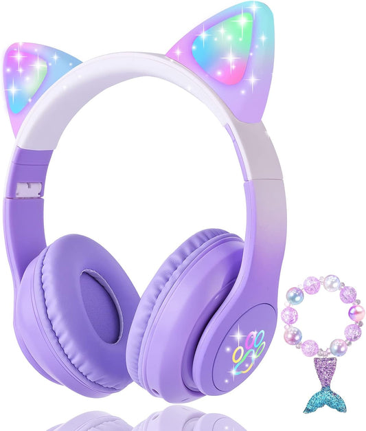 KORABA Purple Cat Ear Kids Headphones - LED Wireless Bliss