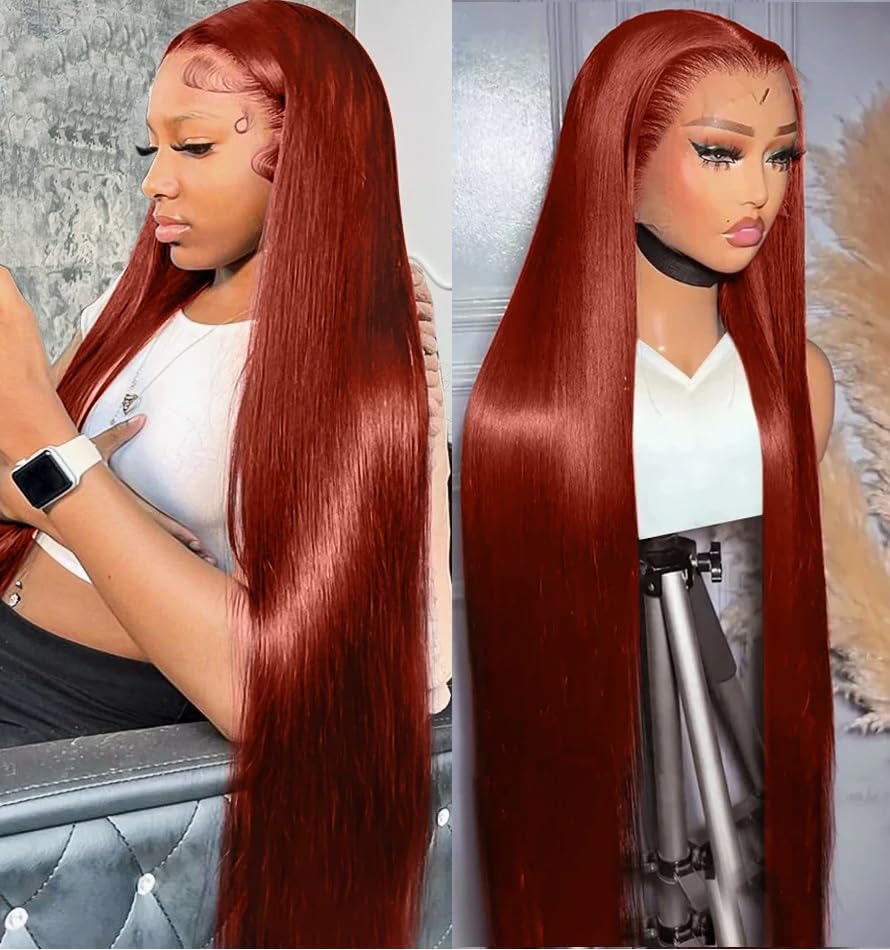 Reddish Brown Lace Front Wigs Human Hair 32in 180% Density