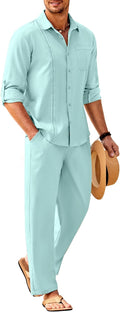 COOFANDY Mens Linen Sets 2 Piece Cuban Shirt and Pants (Style 2P4D)