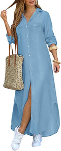 Light Blue Denim Maxi Shirt Dress for Women - Kuraki Casual
