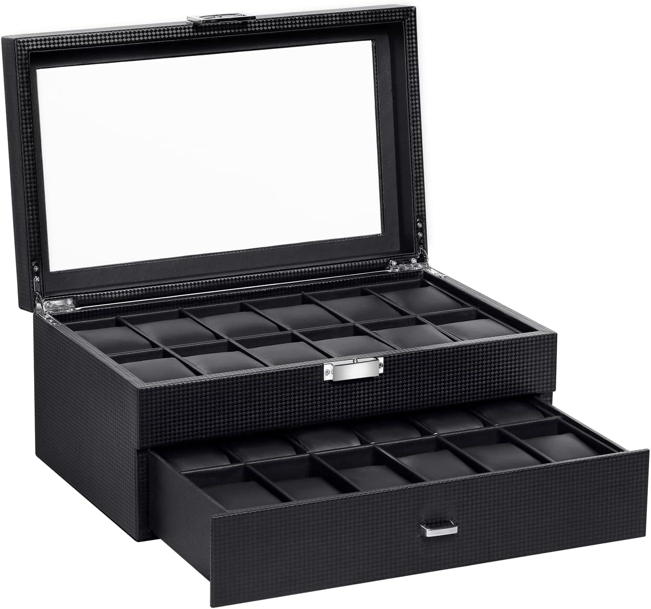 Premium 24-Slot Black Watch Box with Drawer
