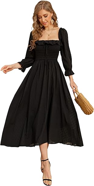 R.YIposha Women Vintage Elastic Square Neck Ruffled Maxi Dress
