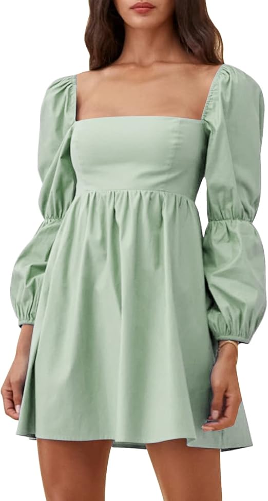 EXLURA Womens Square Neck Dress with Long Puff Sleeves