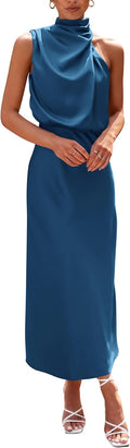 Women's Satin Maxi Dress Mock Neck Sleeveless - Summer Elegant Fit