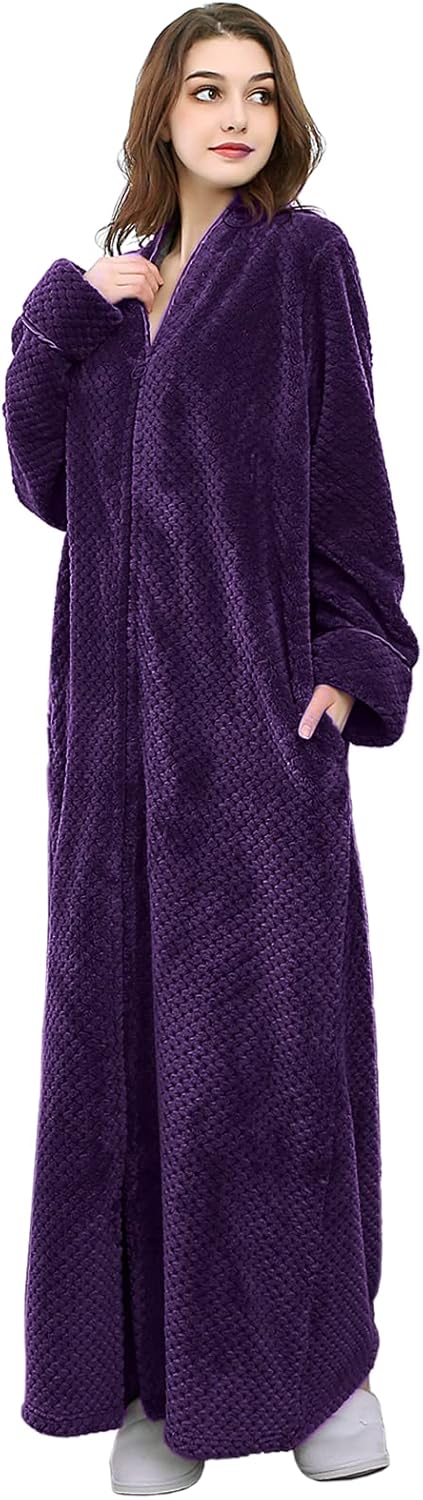 Artfasion Womens Fleece Robe Plush Long Zip Front Bathrobe