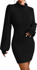 Turtleneck Sweater Dress for Women Lantern Sleeve Bodycon Mini - Slim