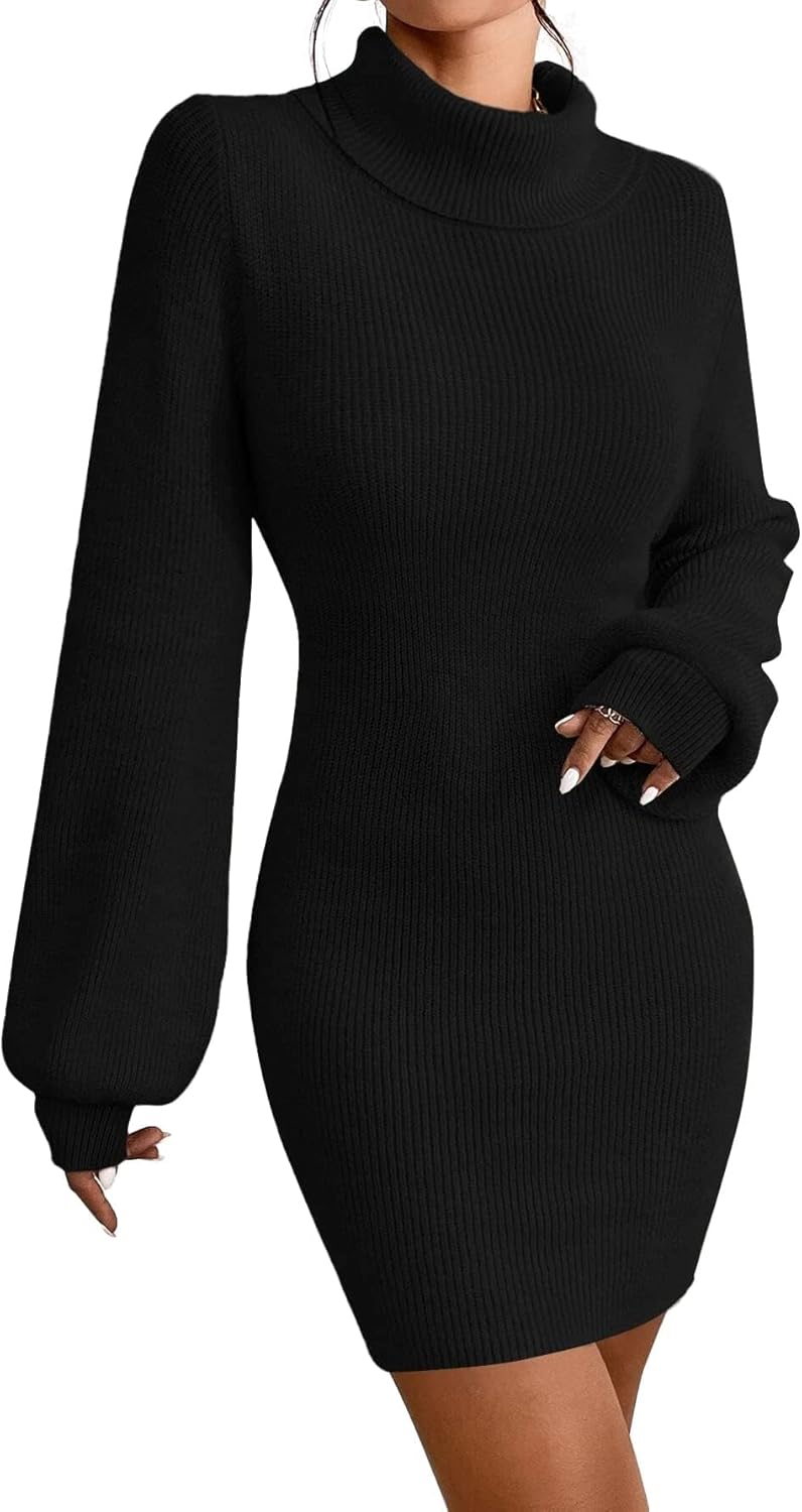 Turtleneck Sweater Dress for Women with Lantern Sleeves