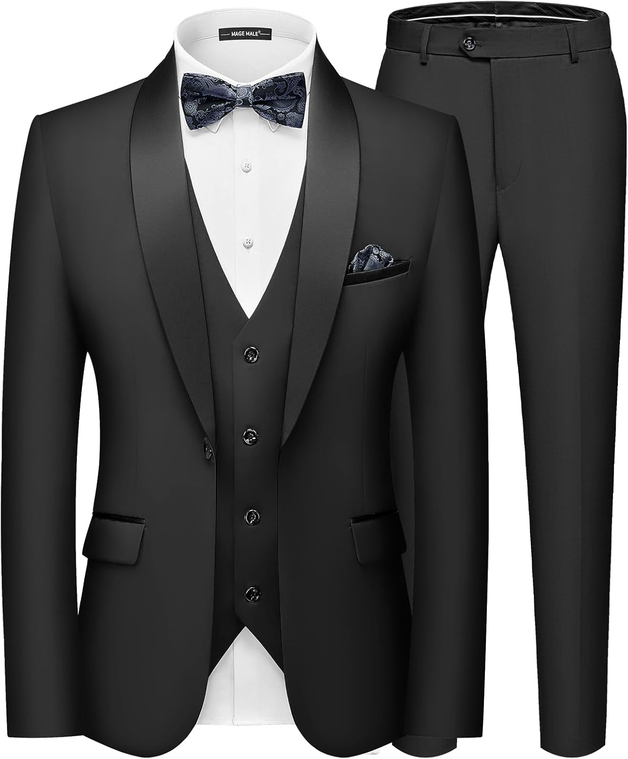 MAGE MALE Men's Slim Fit 3 Piece Suit with Tie and Pocket Square