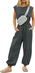 Kissonic Jumpsuits for Women Casual Crewneck Cap Sleeve Drawstring you