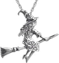 Witch on Broom Necklace 925 Sterling Silver - Gothic Wiccan Charm